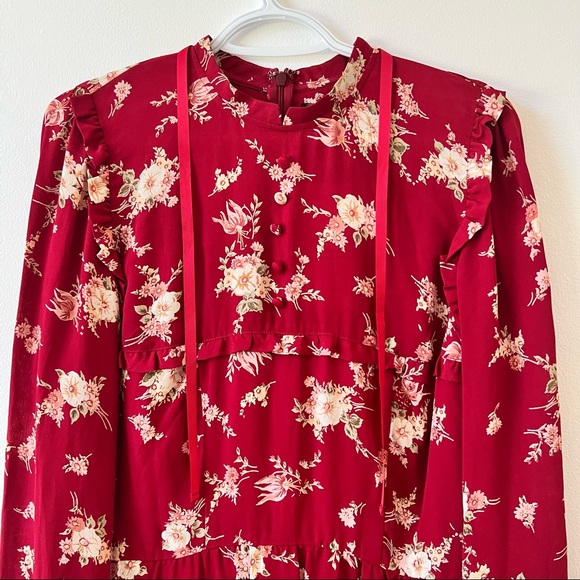 REFORMATION • Red Floral Long Sleeve Dress - Picture 4 of 10